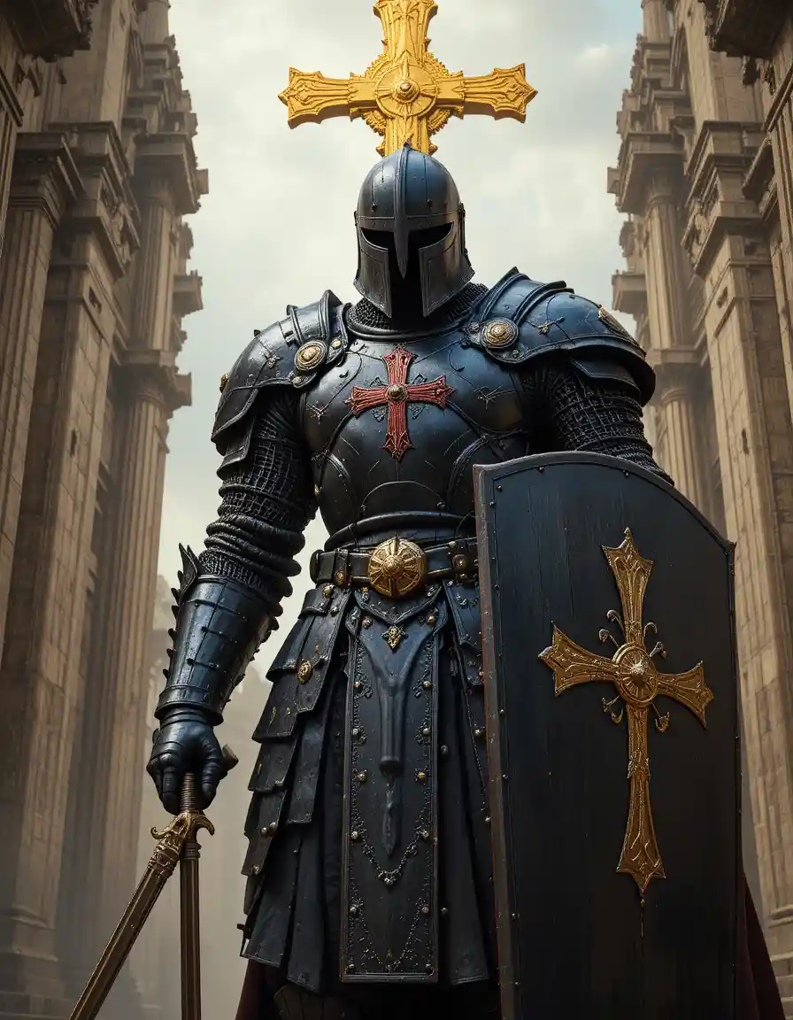 Giant black armored crusader guarding a golden cross temple