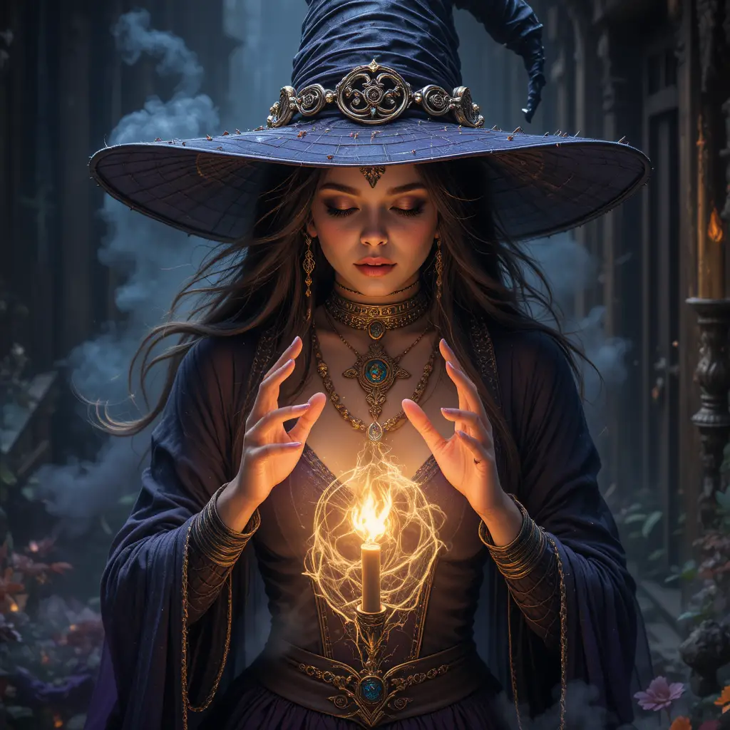 Beautiful witch casting a glowing protective spell circle