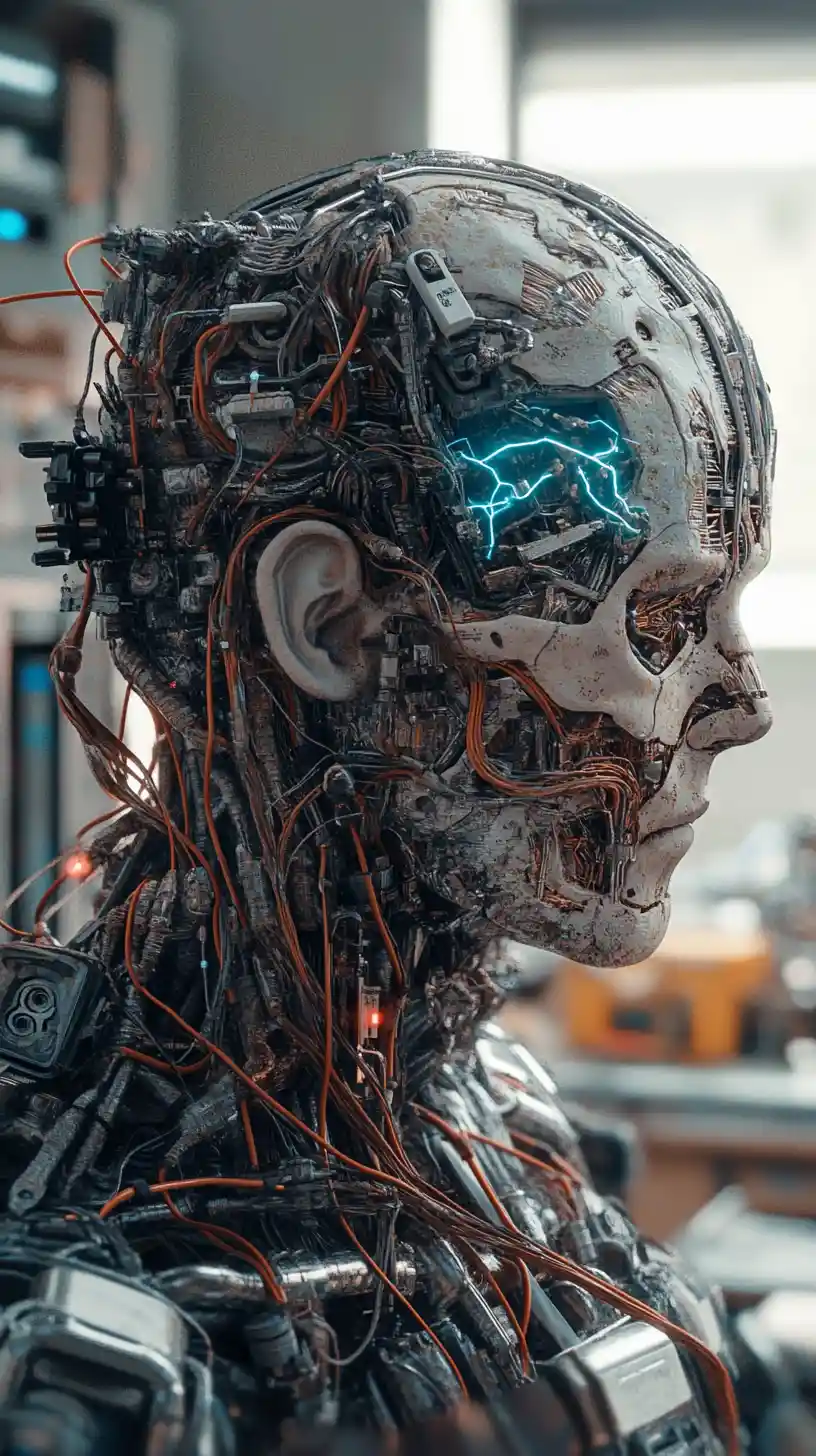 Technicien cyborg fusionné avec un système de machines industrielles