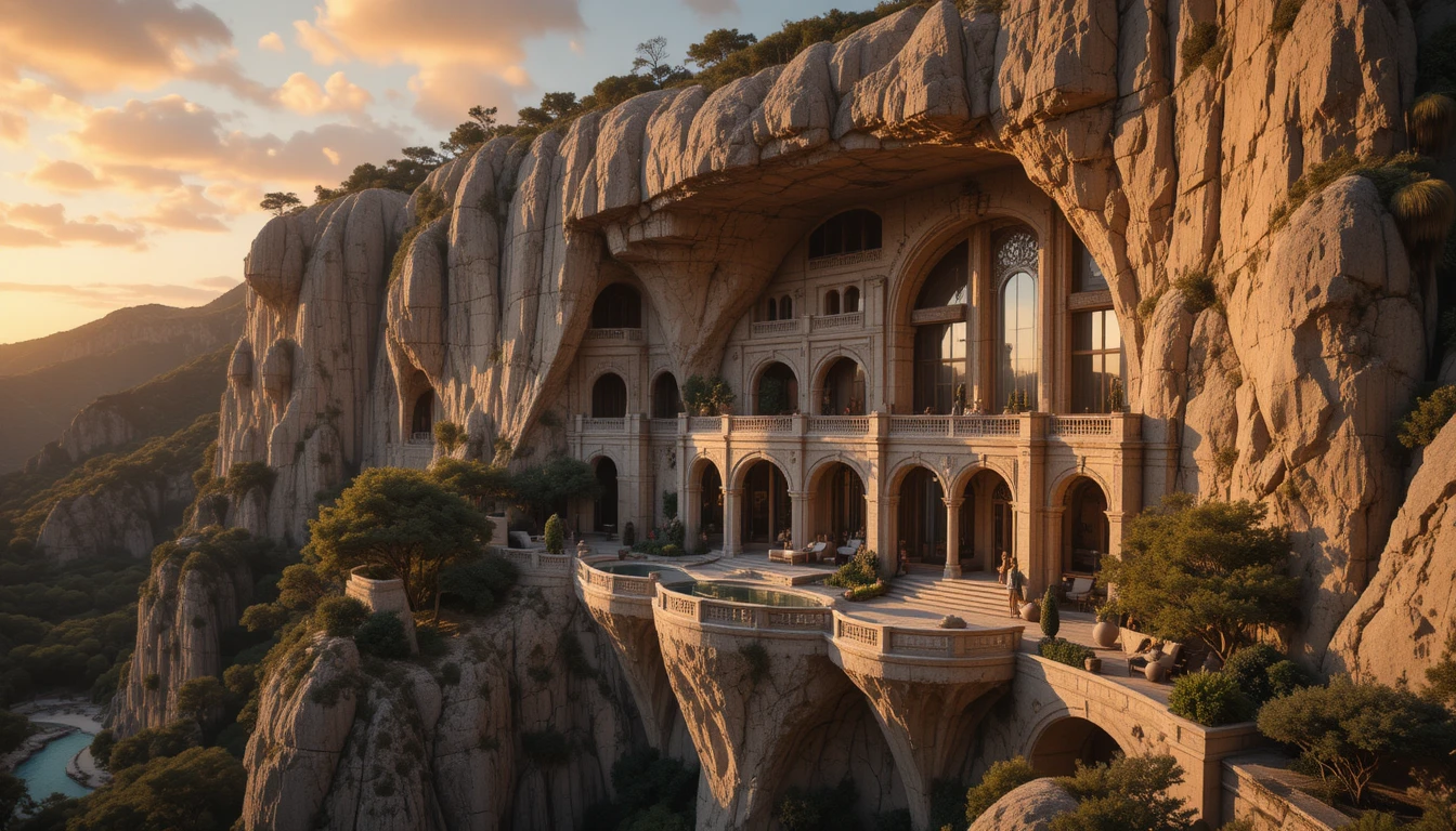 Cliffside luxury mansion glowing in warm sunset light