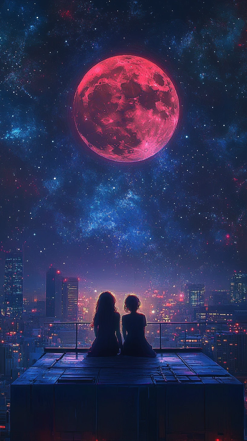 Anime girls on a skyscraper roof under a giant blood moon