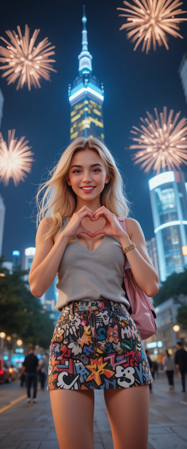 Blonde Frau macht fröhliches Selfie vor dem Feuerwerk am Taipei 101
