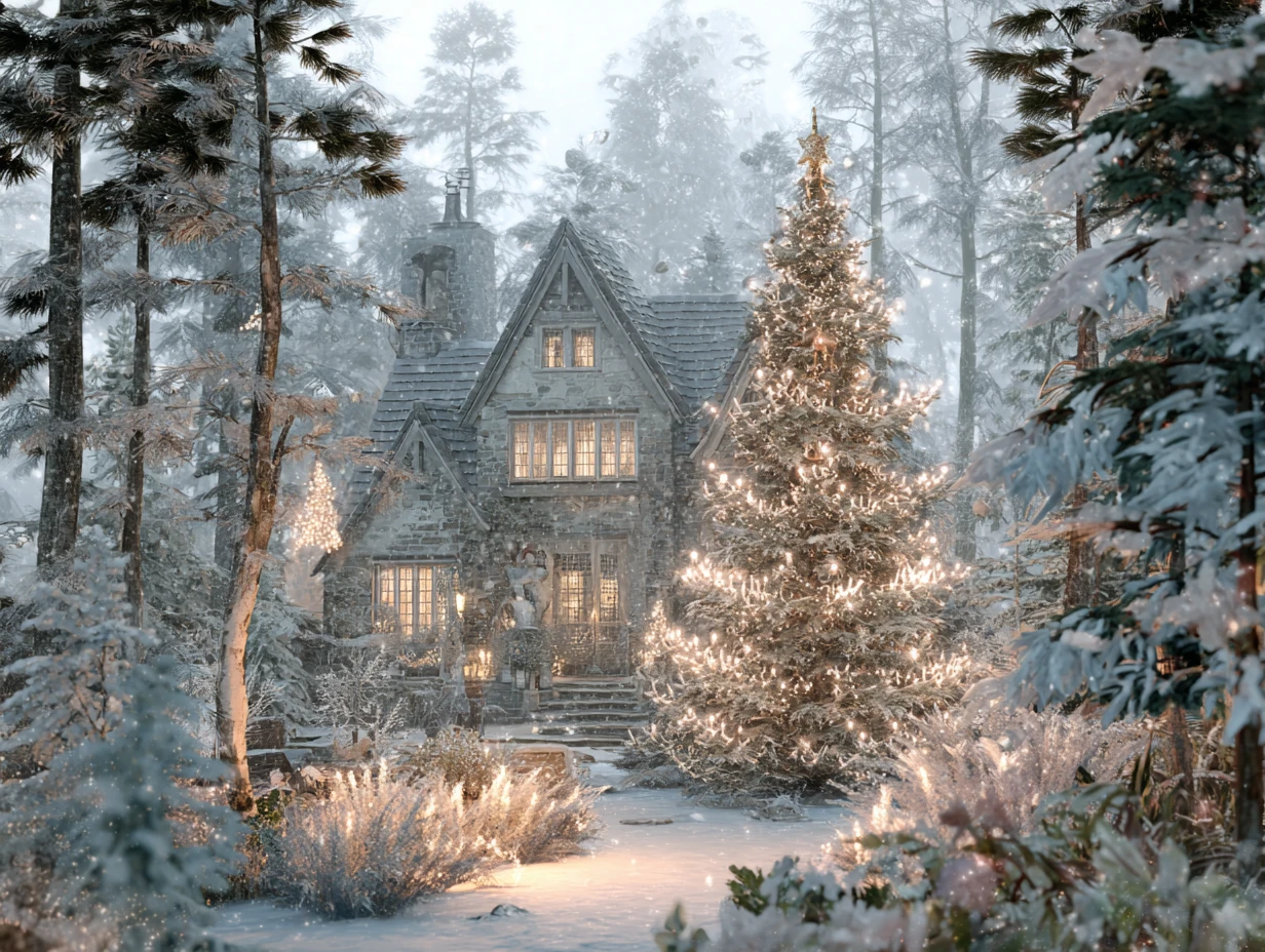 Accogliente Cottage in una Serena Foresta Invernale – Scena di Natale