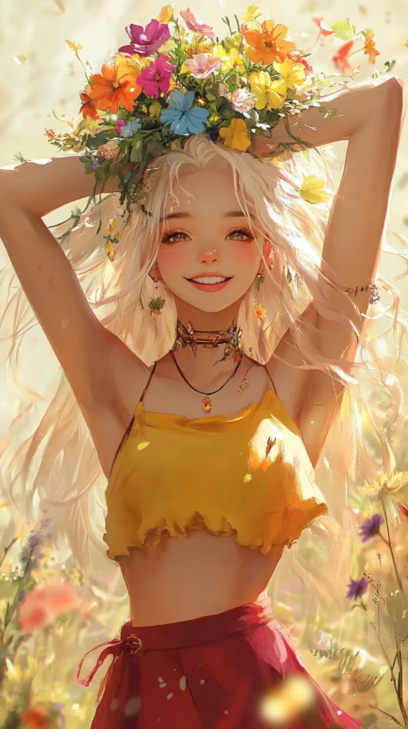 Anime girl balancing colorful flowers on her head