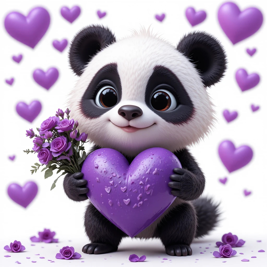 Dolce panda 3D con cuore viola e rose