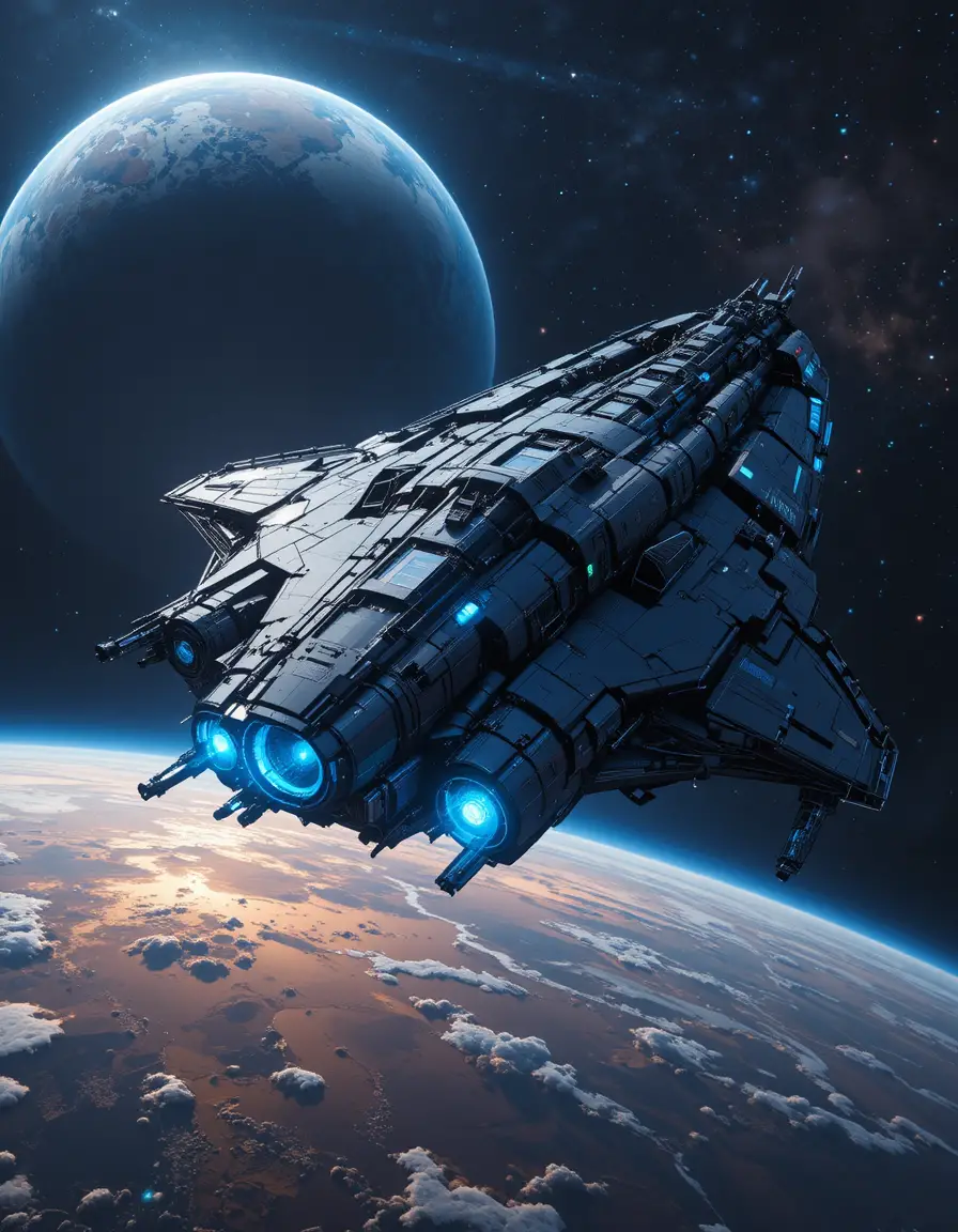 Futuristic spaceship orbiting a strange colorful alien planet
