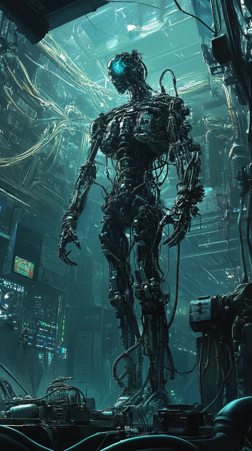 Figure de fusion cybernétique dans un laboratoire industriel sombre