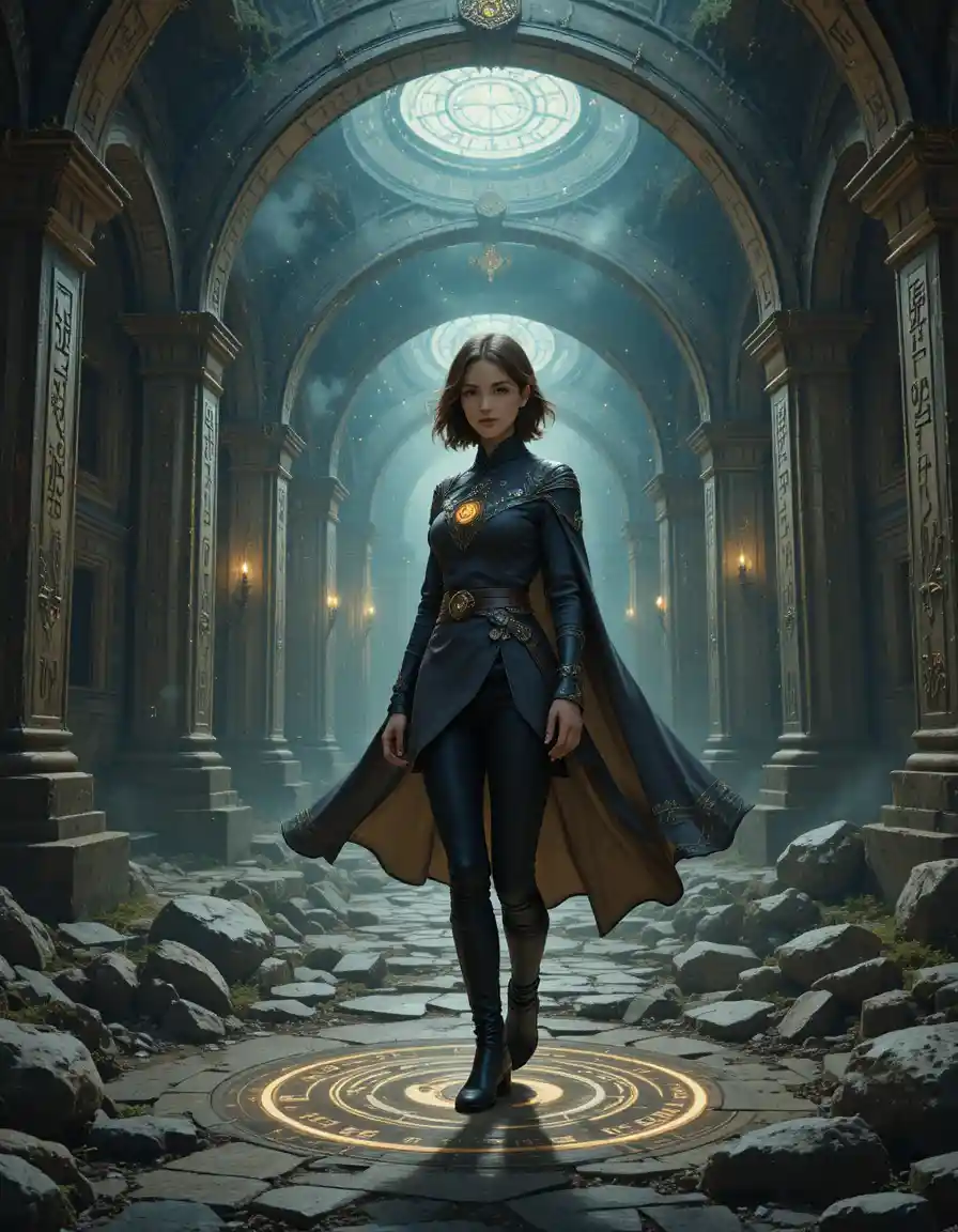 Jeune mage dans les ruines d’un ancien sanctuaire lumineux