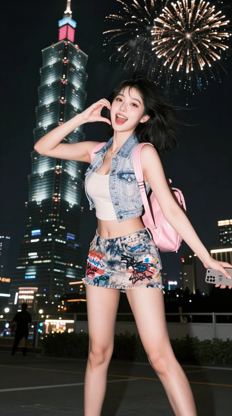 Young woman taking selfie before Taipei 101 fireworks