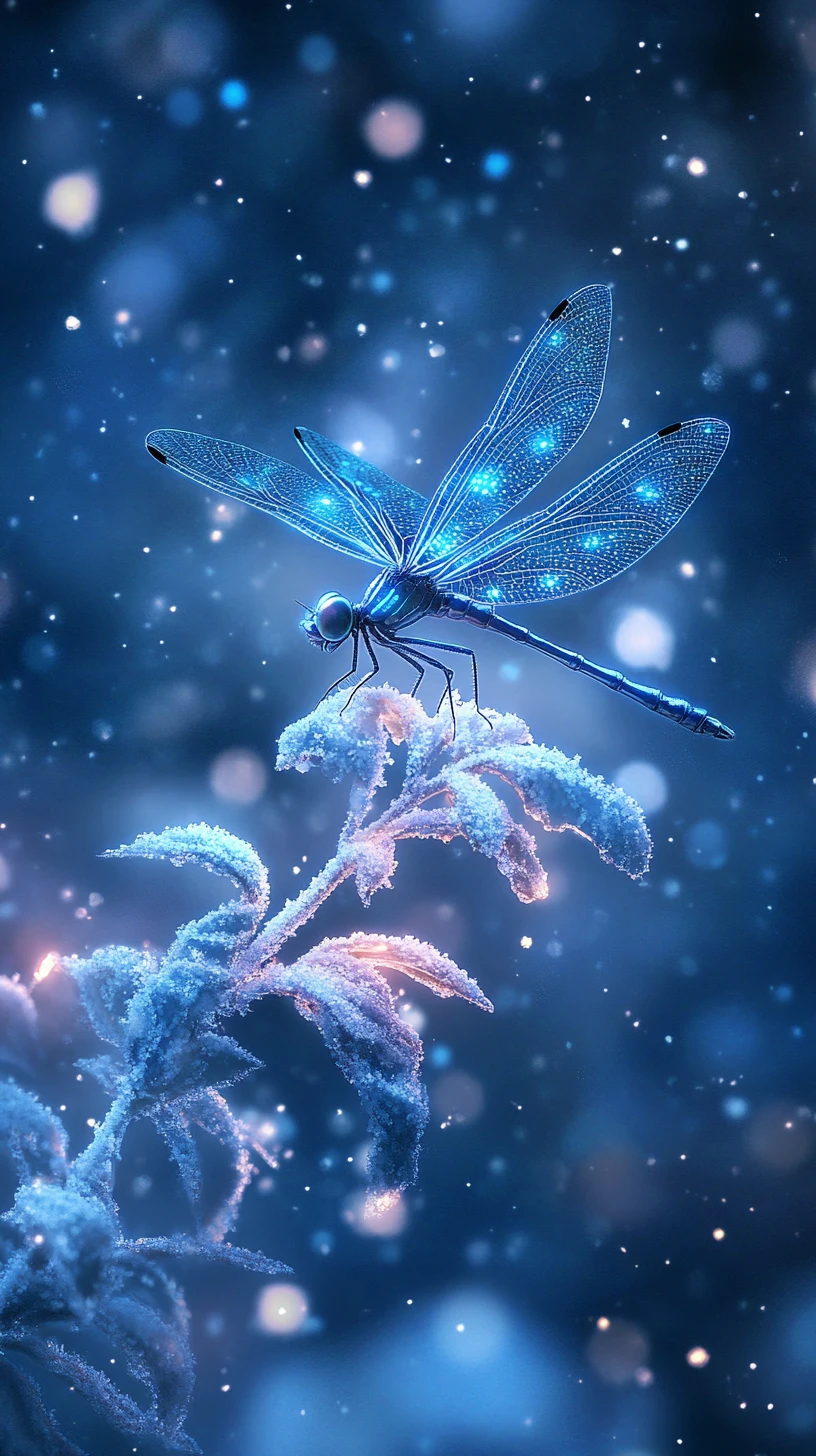 Blue dragonfly glowing on frosty herb in falling snow