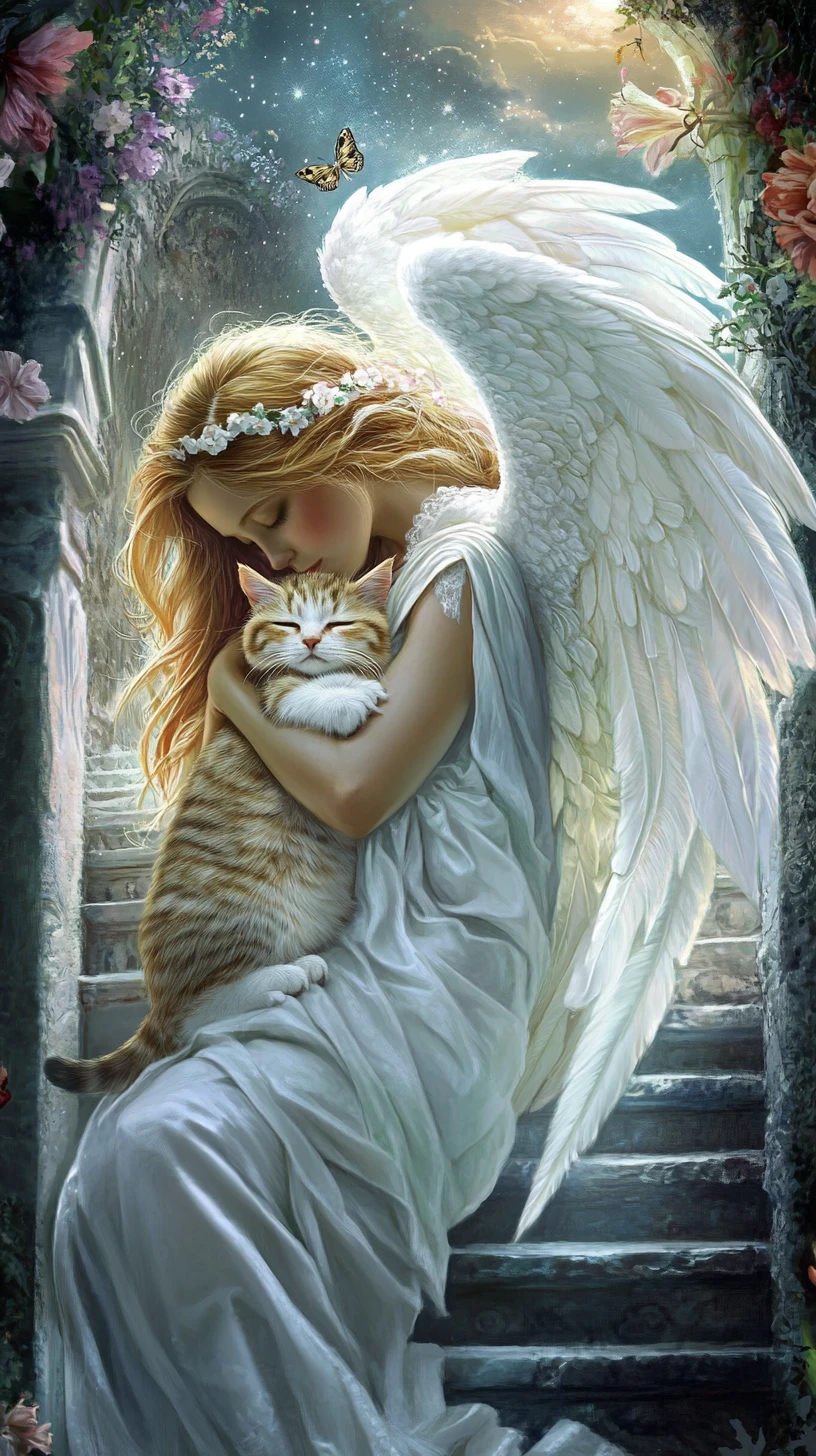 Anjo carregando um gato adormecido escada acima para o céu