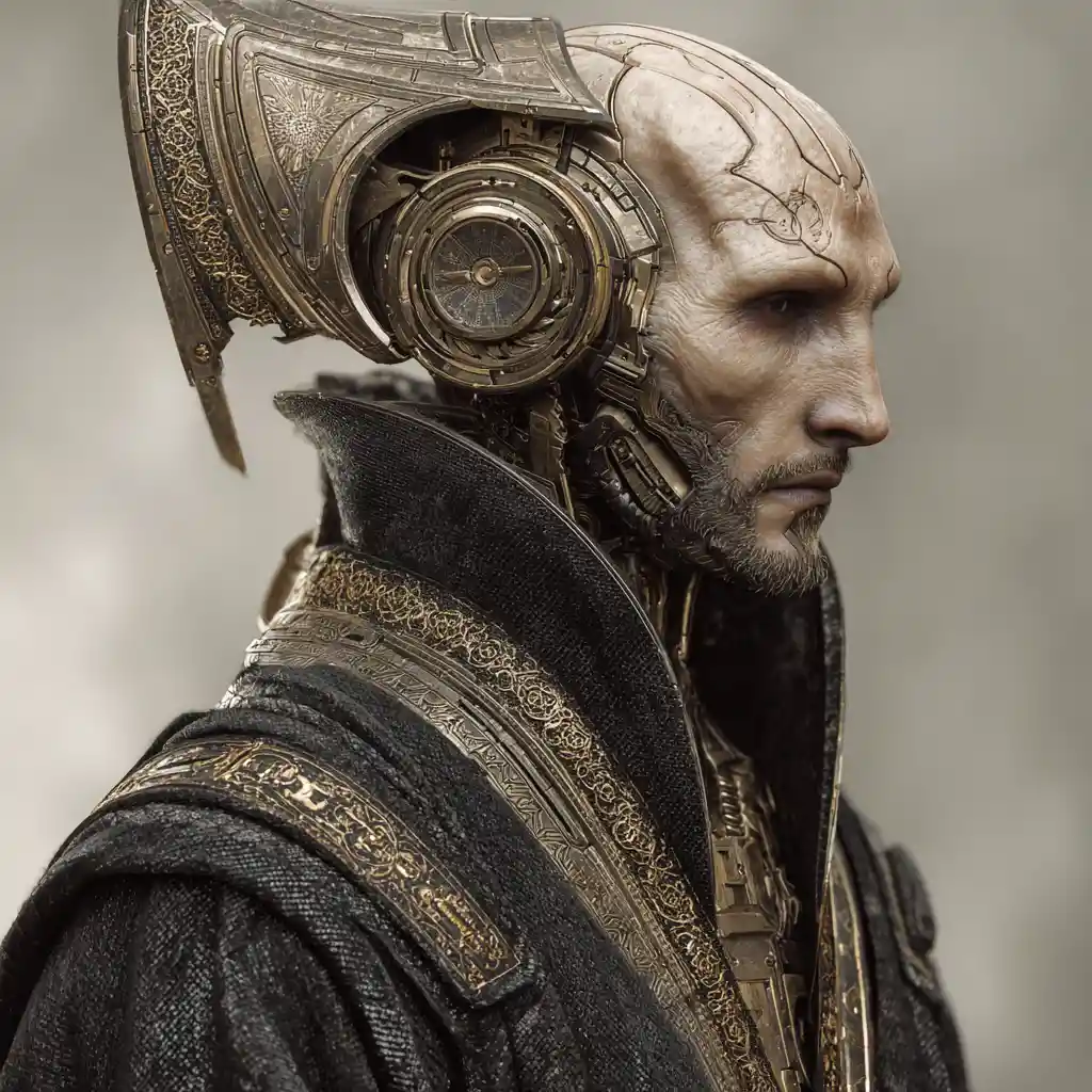 Ritratto cinematografico di un regale guardiano cyborg in vesti nere