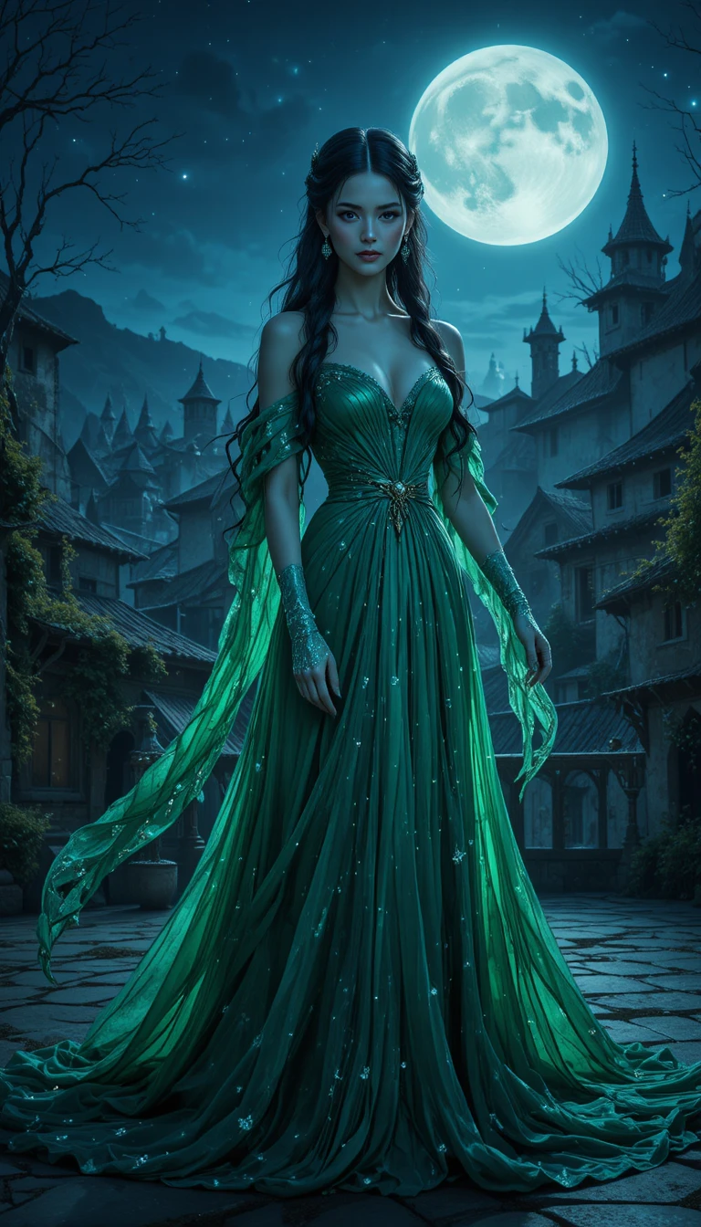 Fantasy woman on a moonlit terrace above medieval village