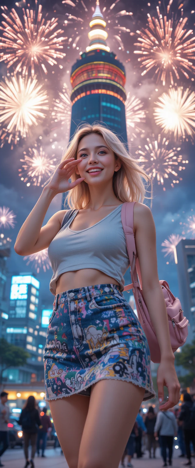 Blonde woman taking a selfie before Taipei 101 fireworks