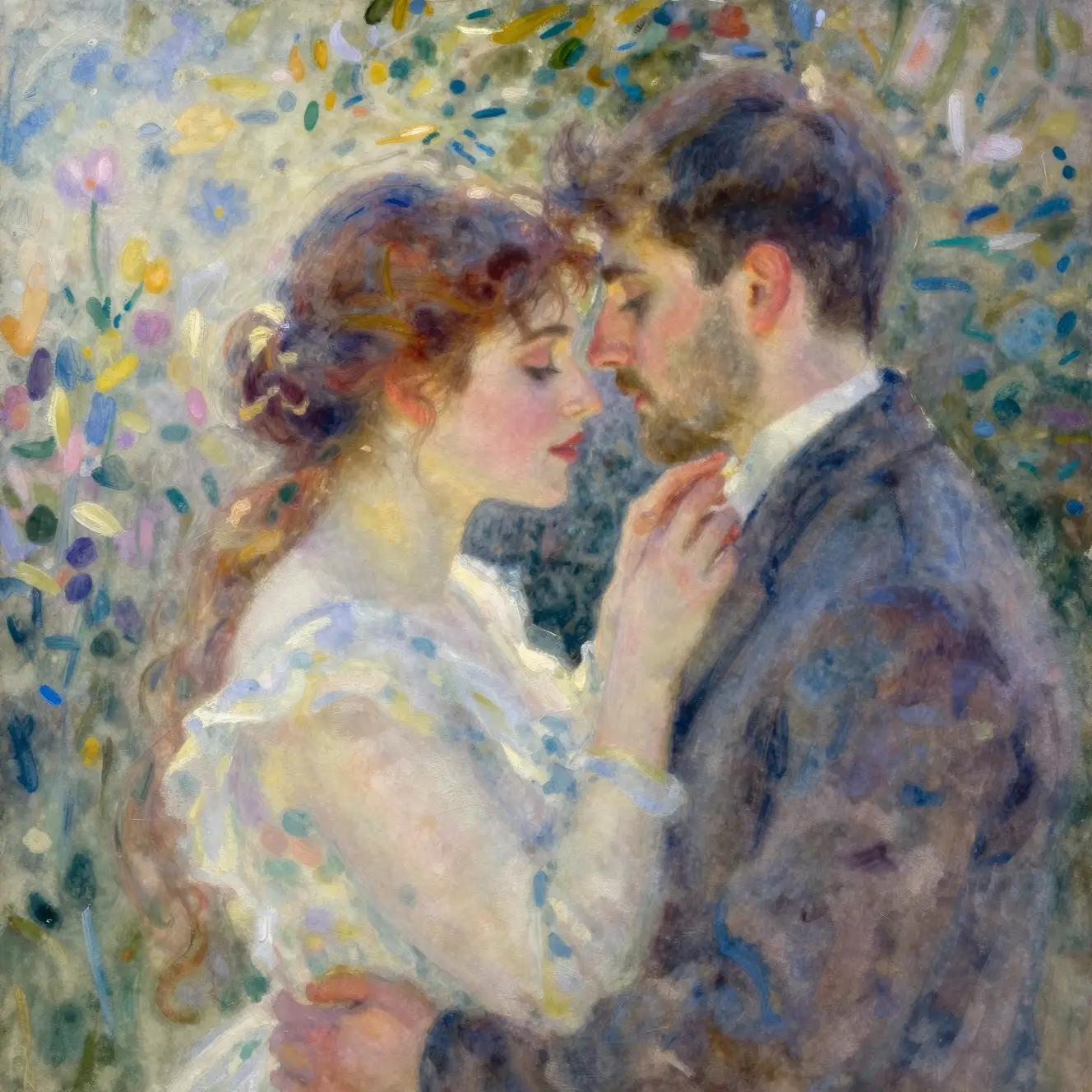 Romantic couple in a dreamy surreal watercolor embrace