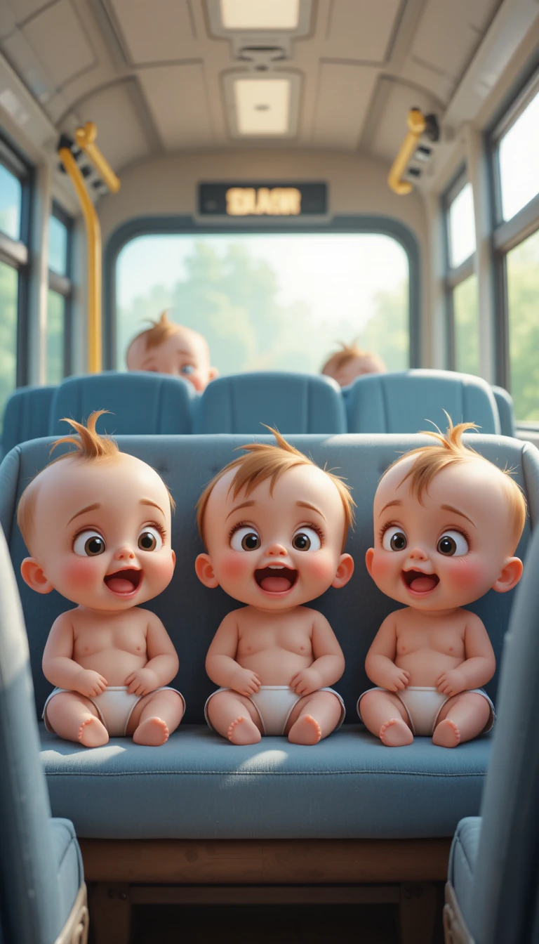 귀여운 3D 아기들이 함께 앉아 있는 아늑한 버스 좌석