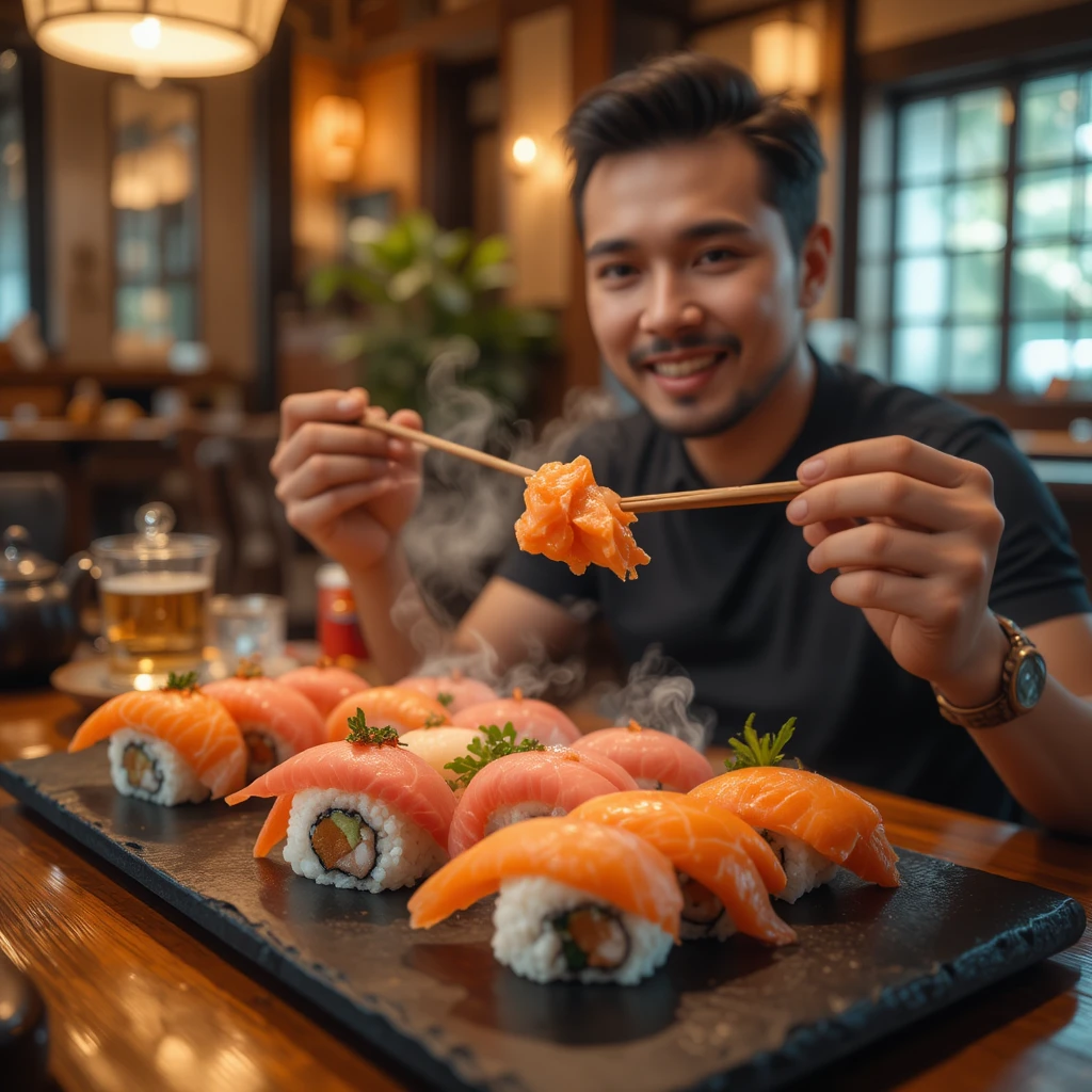Man enjoying sushi at a cozy japanese restaurant table