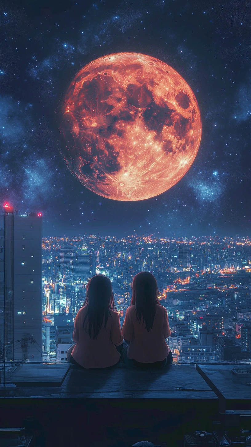 Anime girls on skyscraper roof under giant blood moon