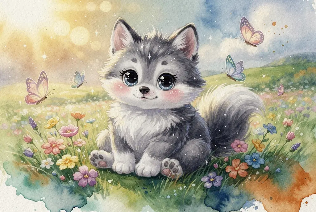 Adorable bébé loup dans une prairie aquarelle avec des papillons