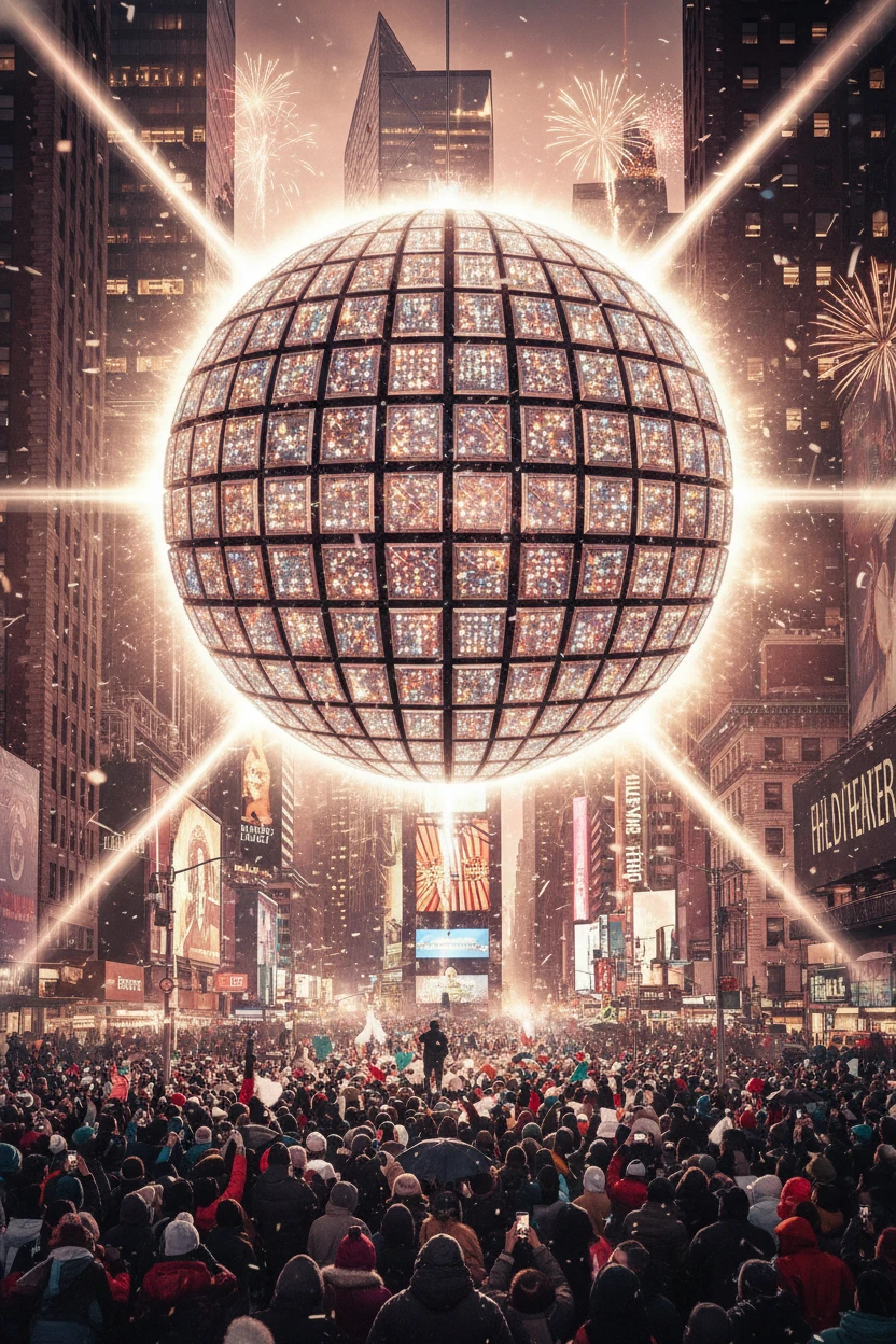 Sfera luminosa di Capodanno sopra una piazza cittadina affollata