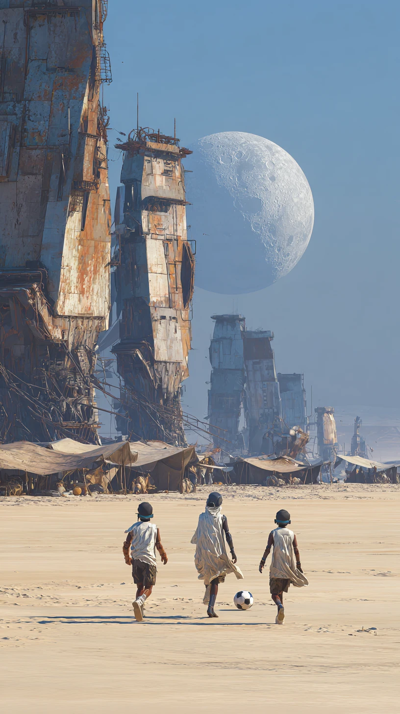 Kids Play Ball In A Vast Desert Camp Under The Moon
