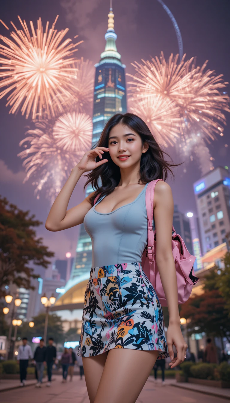 Giovane donna che si scatta un selfie davanti ai fuochi d'artificio del Taipei 101