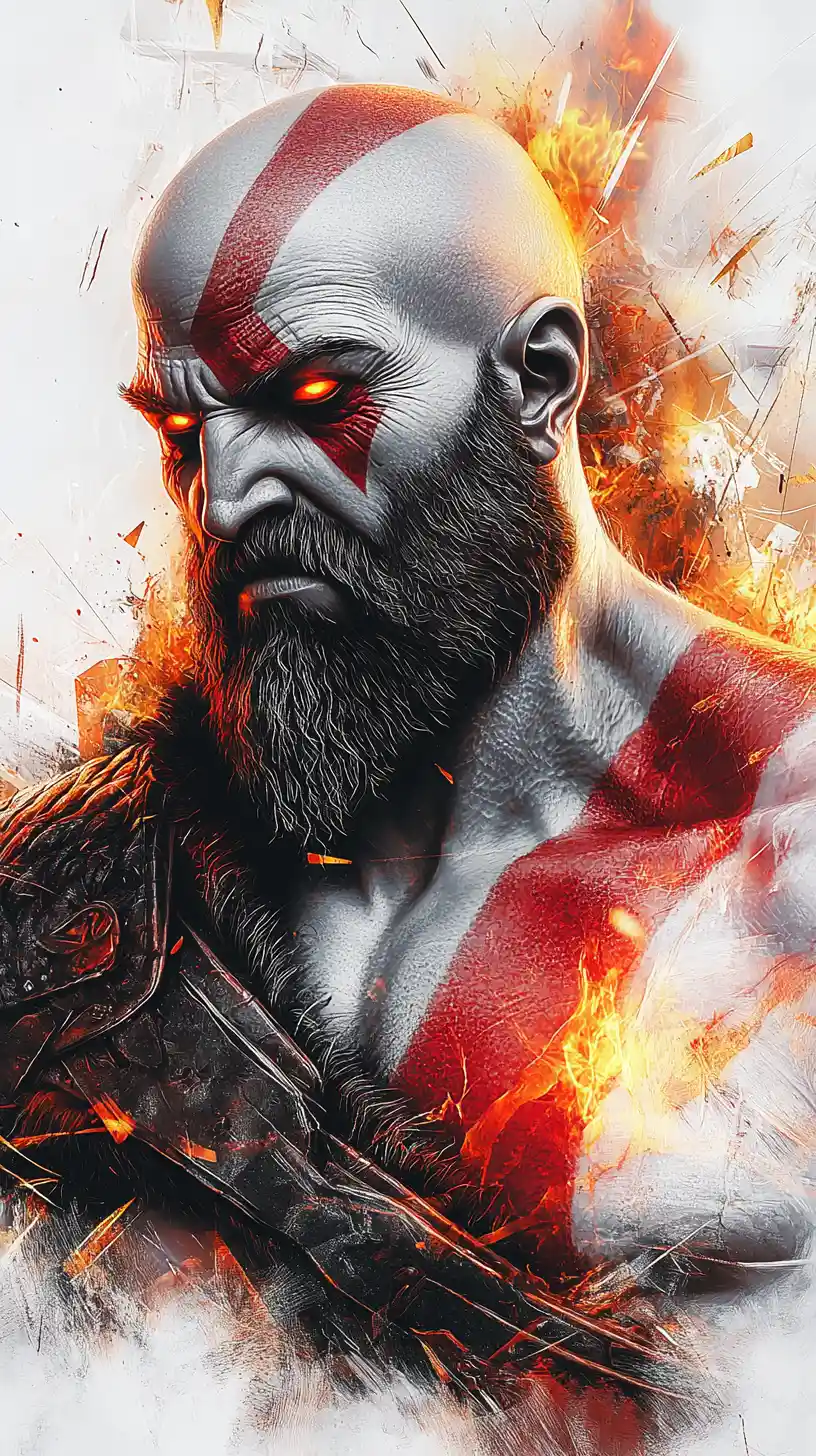Surreal portrait of a wrathful warrior with flaming blades