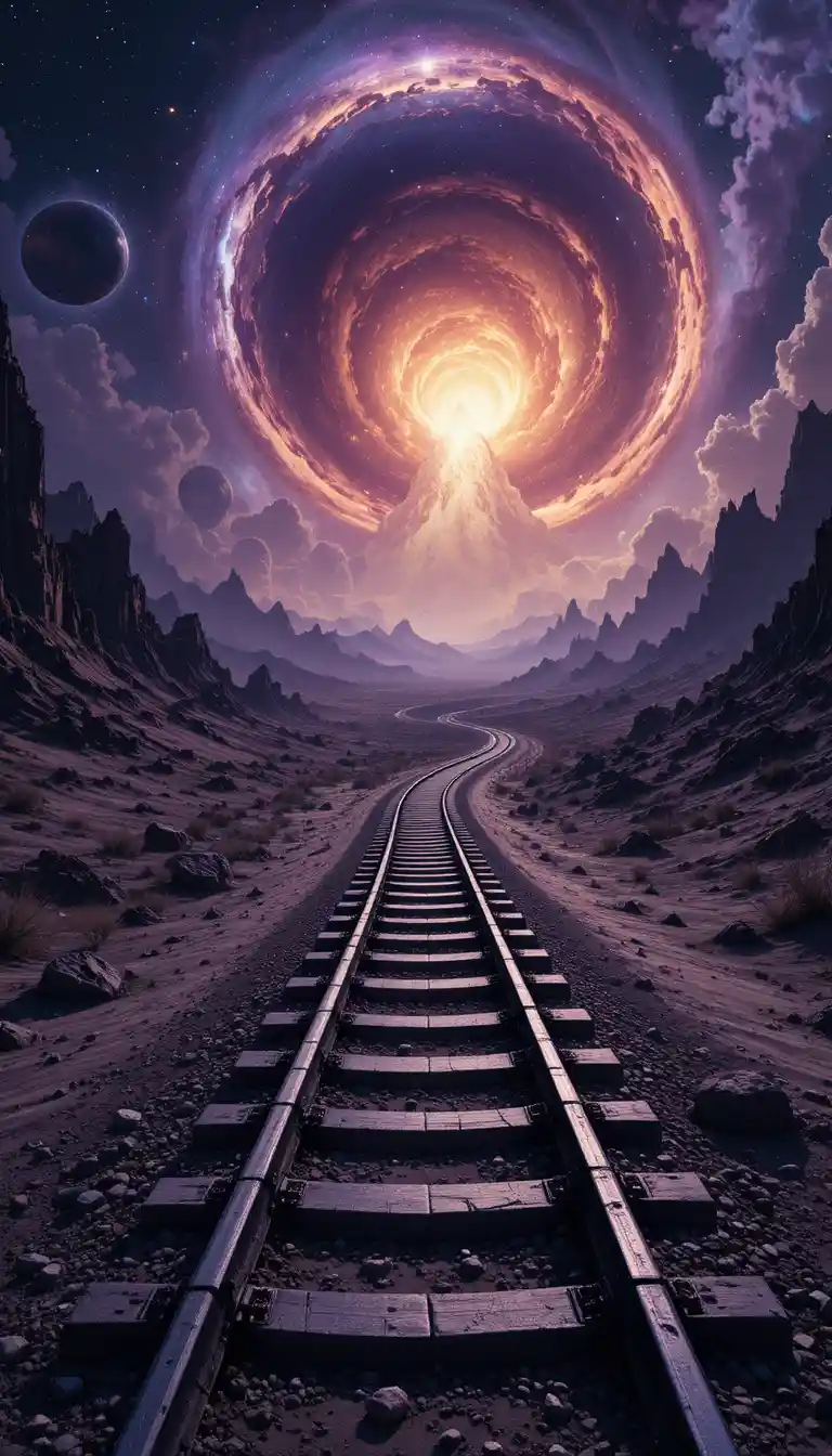 Kosmische Zugschiene, die sich durch eine weite außerirdische Landschaft windet