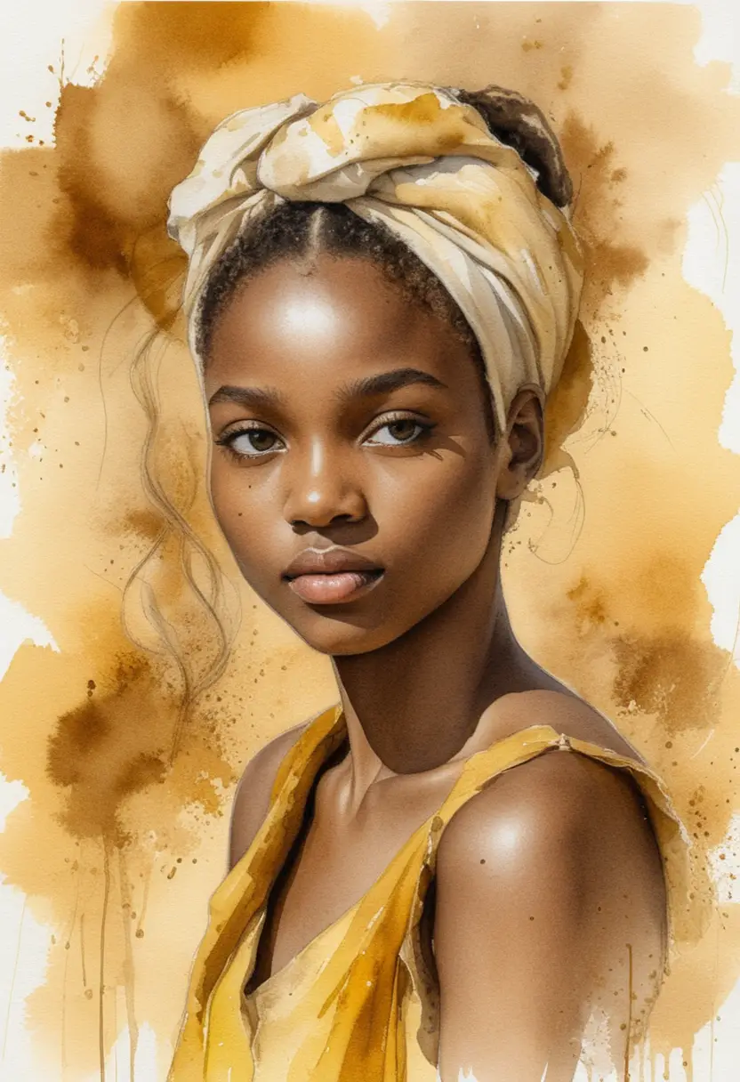 Watercolor portrait of african girl with golden headscarf