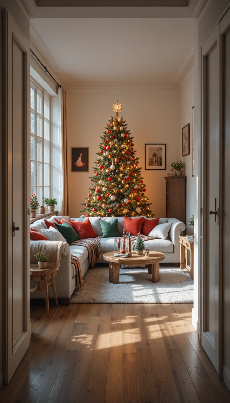Cozy modern living room decorated with natural Christmas tree