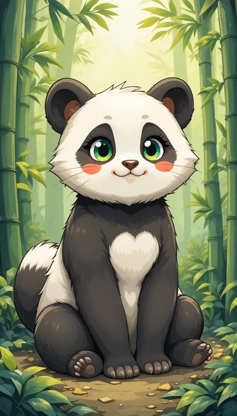 竹林の中のかわいい猫パンダハイブリッドのイラスト