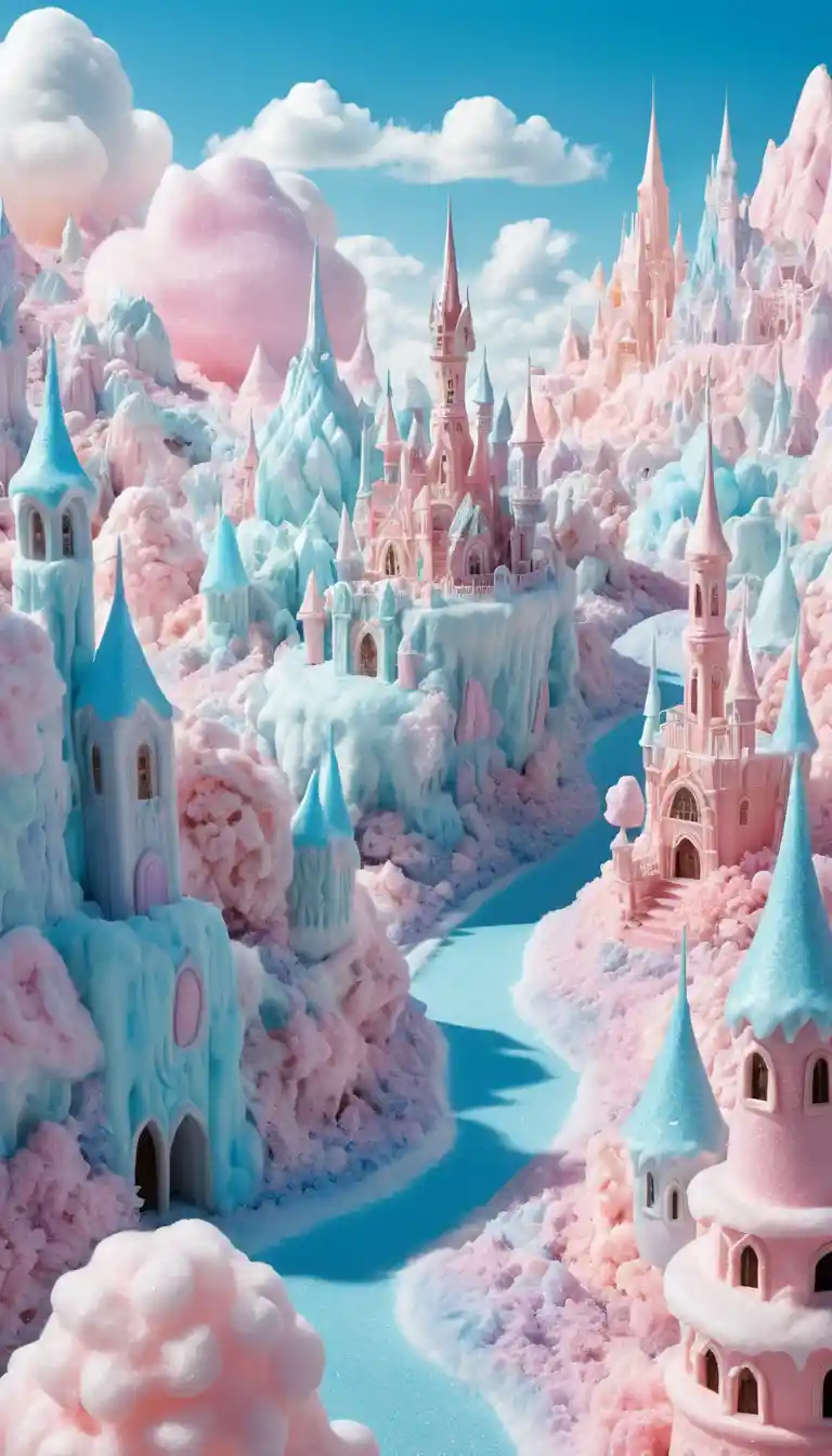 Whimsical Cotton Candy Landscape Under A Bright Blue Sky