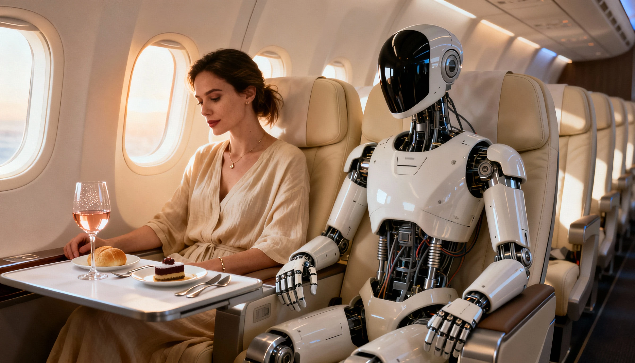 Woman and robot sharing quiet moment in airplane business class
