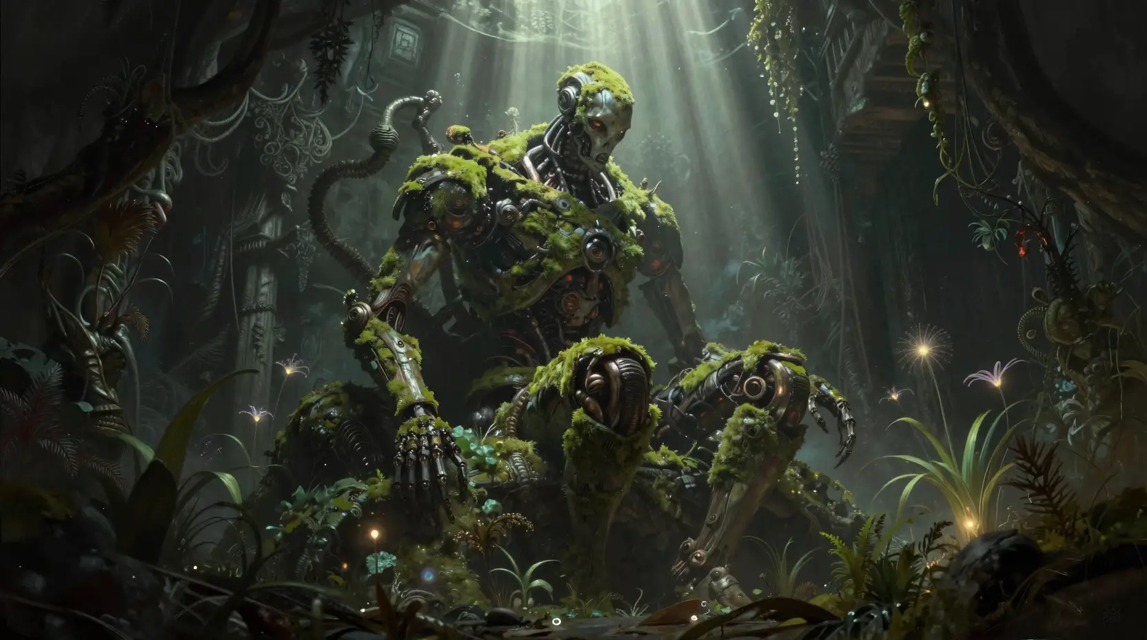 Ancient robot awakening in a mossy underground chamber