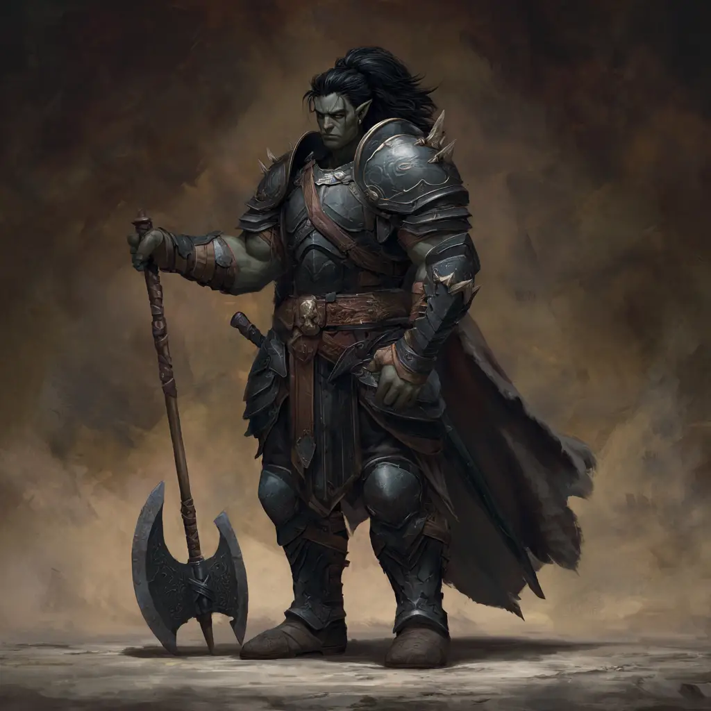 Vengeful half orc paladin in dark armor with battle axe
