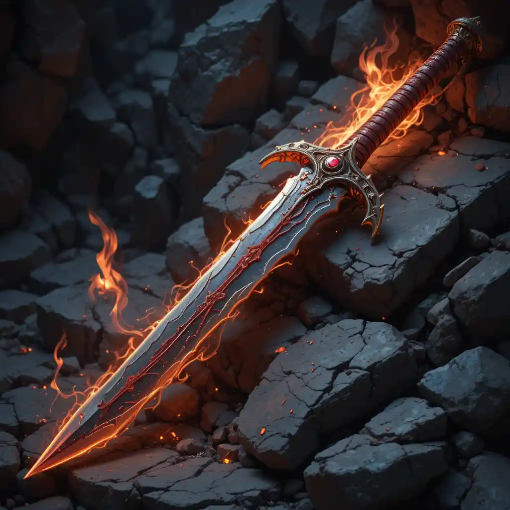 Espada larga legendaria forjada por dragones que brilla con fuego carmesí