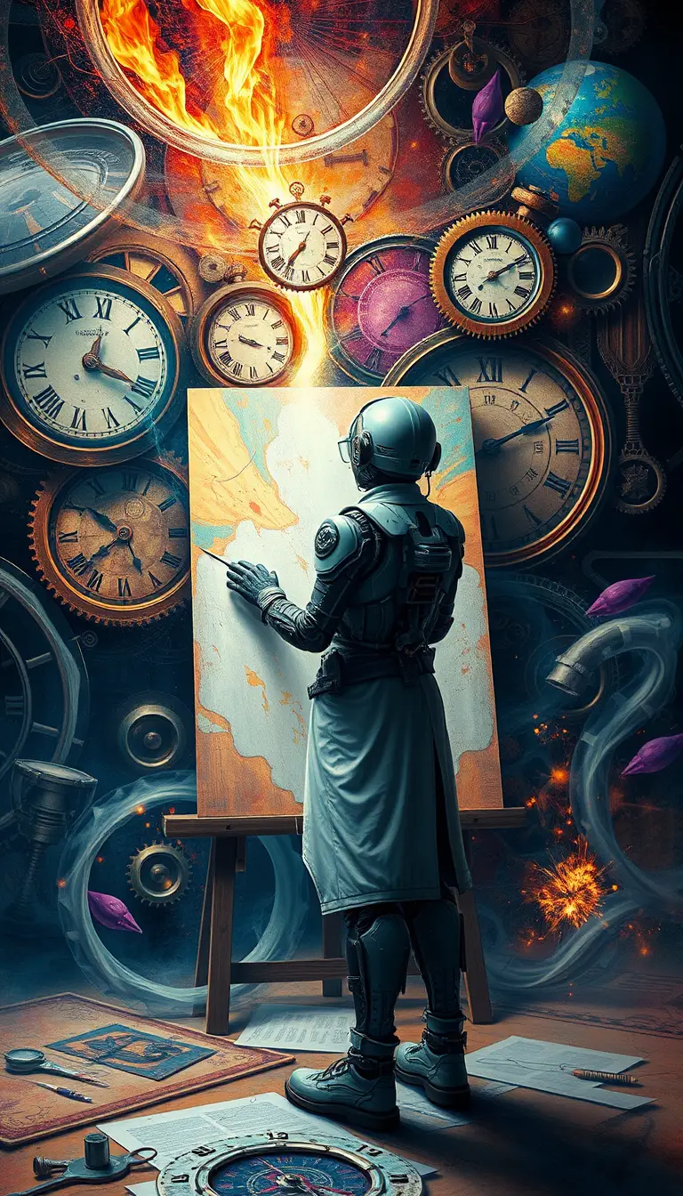 Futuristic artist painting amid swirling clocks and gears