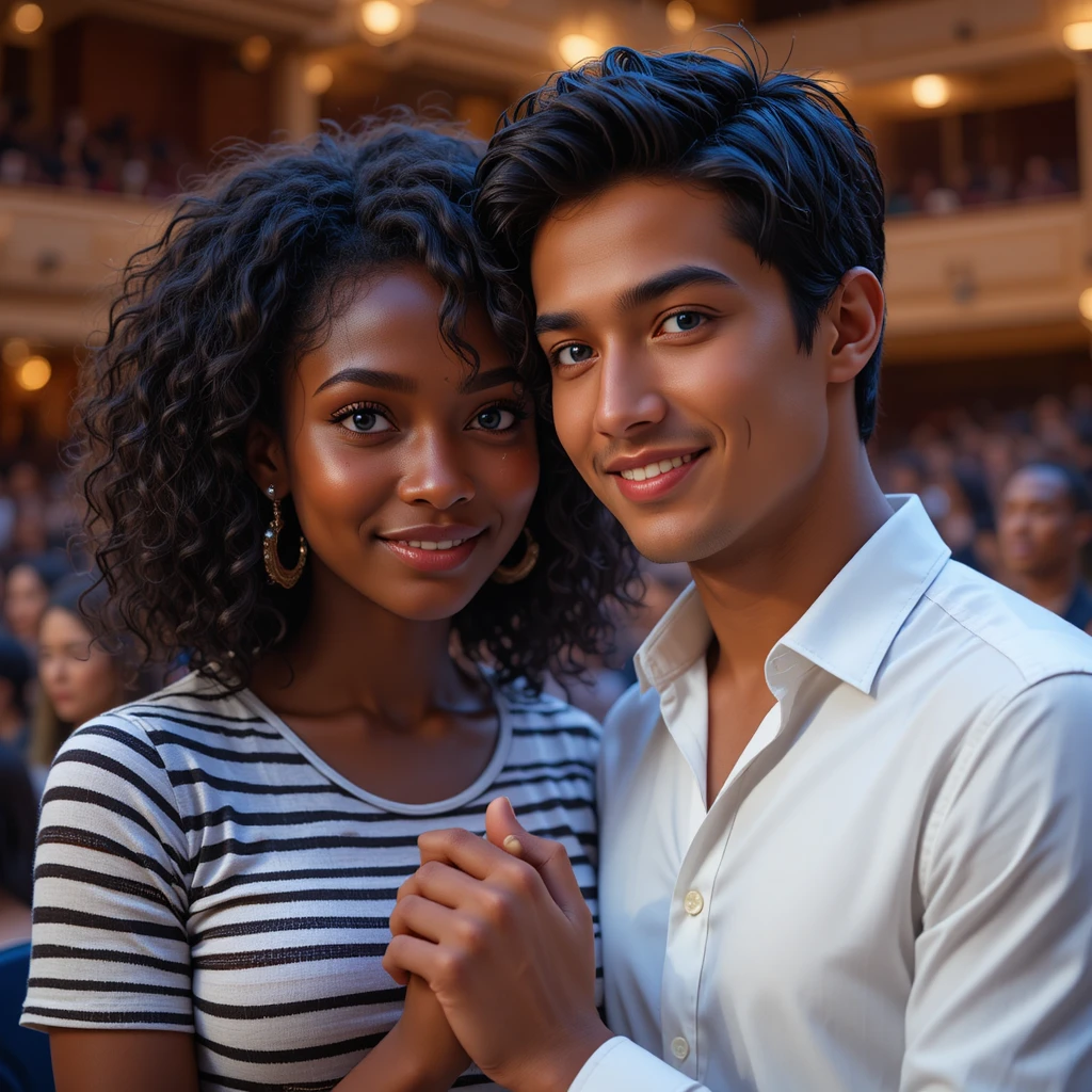 Emotional young couple holding hands in a concert hall