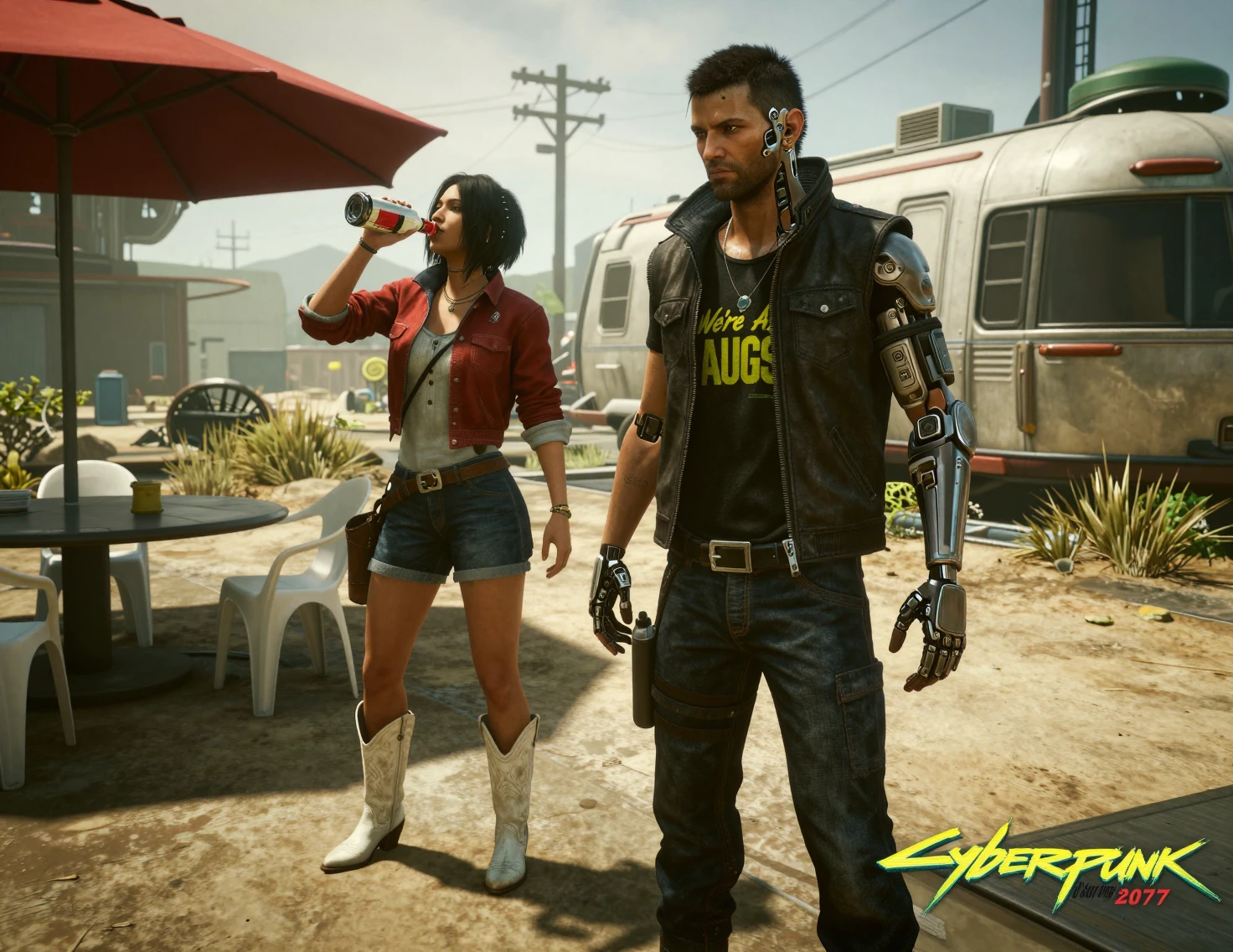 Homem cyberpunk e cowgirl relaxando em um deserto banhado pelo sol