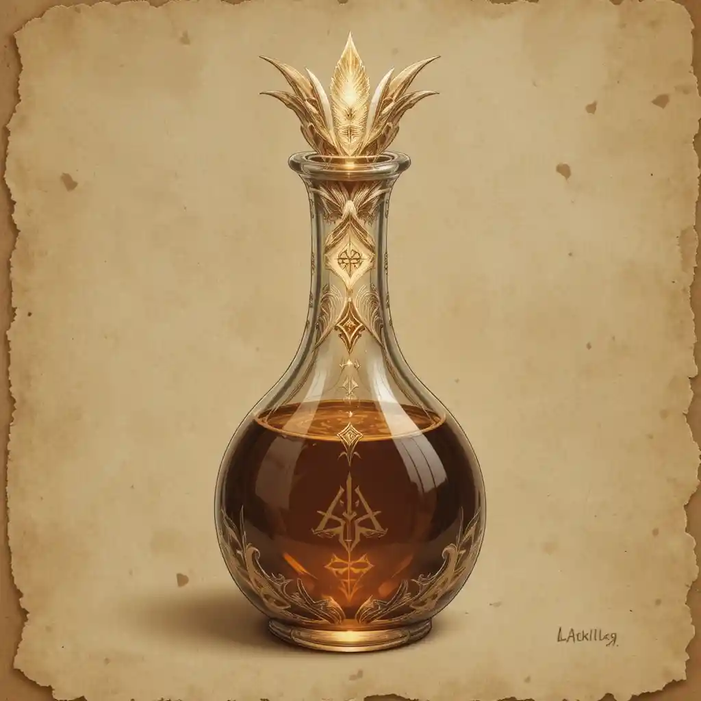 Fantasy potion bottle with glowing runes on parchment background