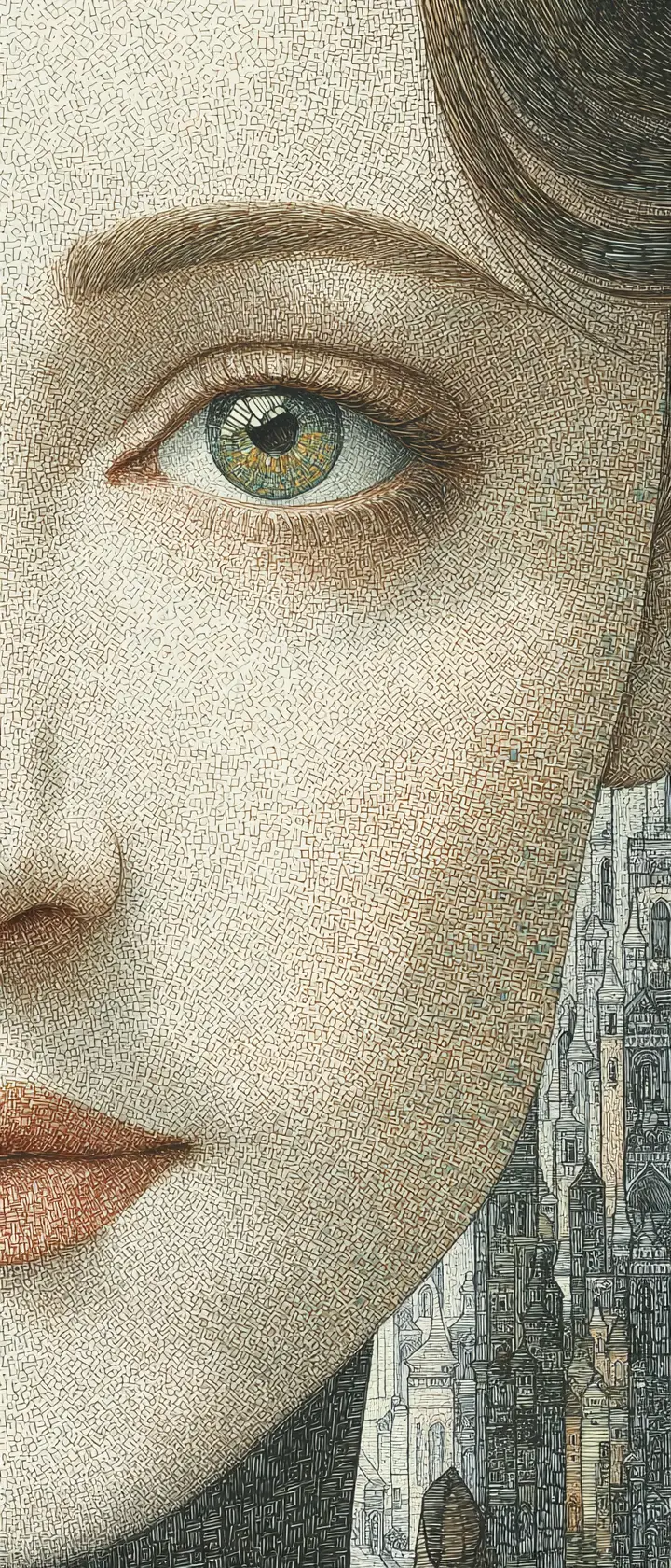 Young woman with almond eyes on a busy city street