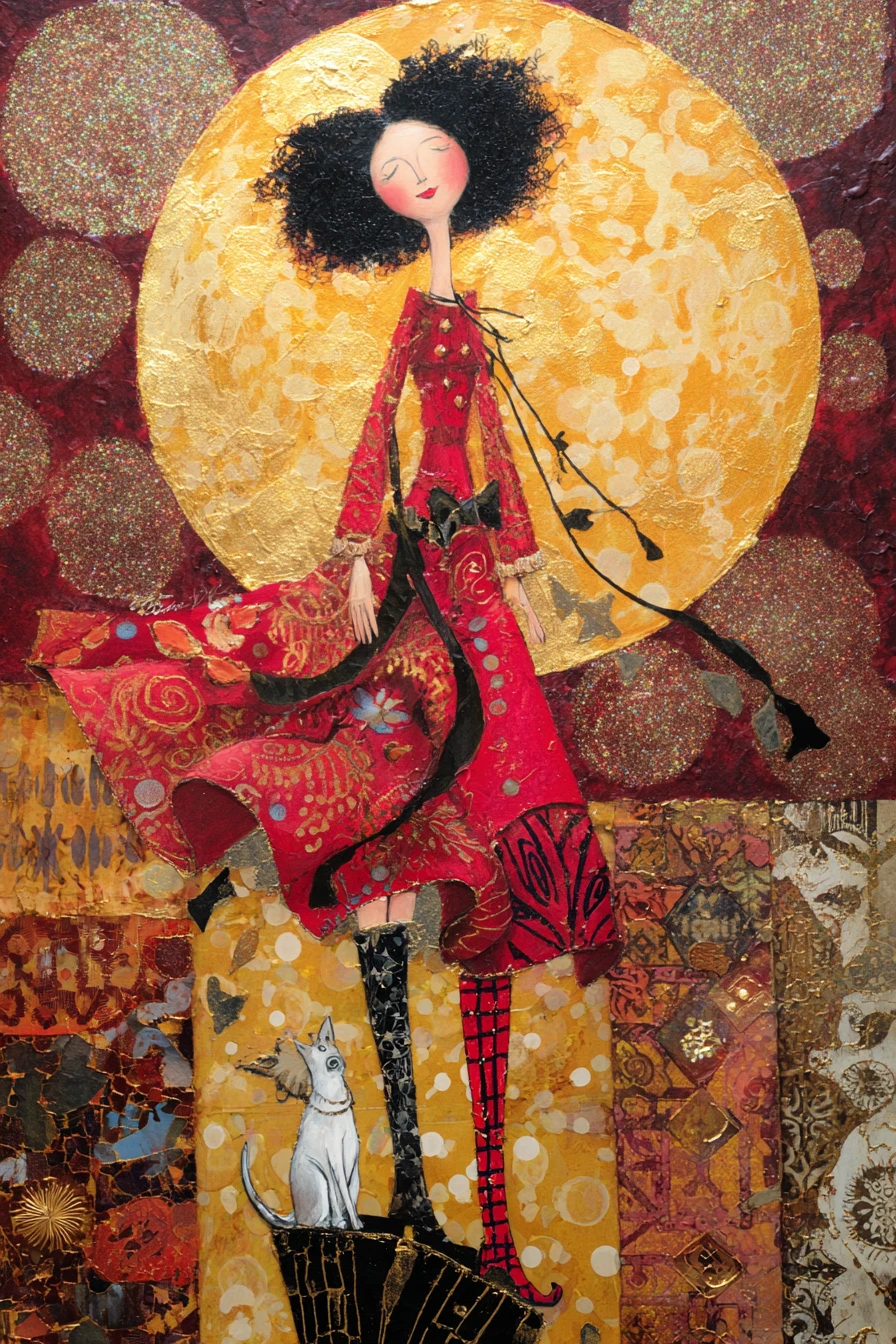 Verspielte Mixed-Media-Frau in einer mondbeschienenen Schlafzimmer-Collage
