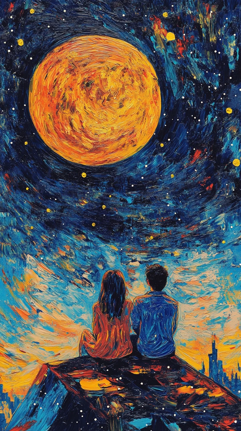 Dreaming girl couple on rooftop under giant blood moon