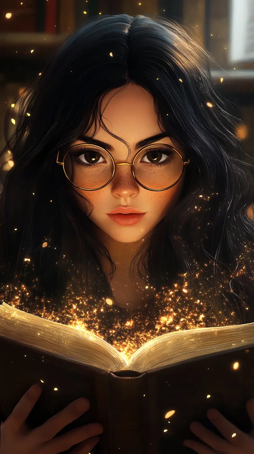 Curious young witch reading a glowing ancient grimoire