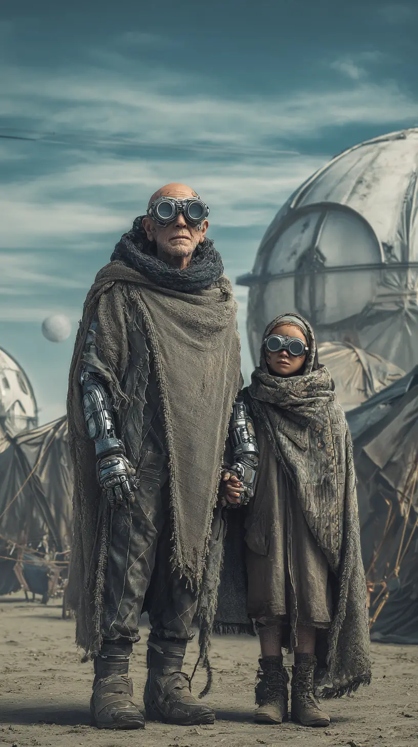 Bald old man and woman holding hands in futuristic camp
