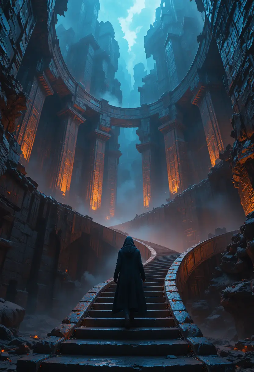 Lone cloaked traveler ascending a vast basalt stairway