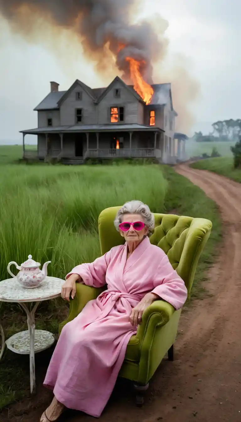 Elderly woman in pink calmly seated on a country road