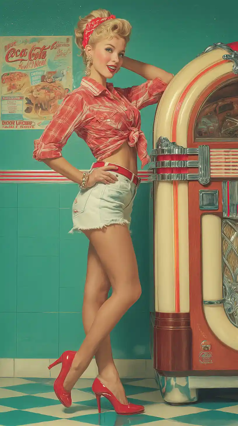 Pin up girl posing by jukebox in retro diner