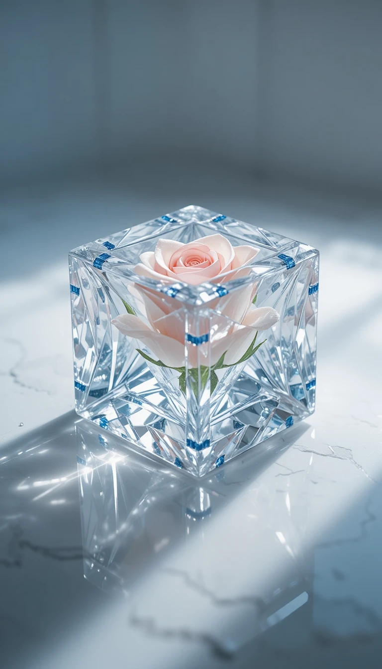 Crystal ice cube with diamond facets and a frozen rose