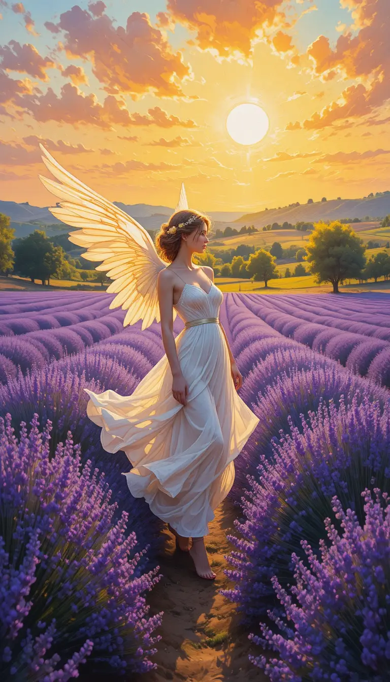 Angelic figure in a sunlit lavender field in Provence